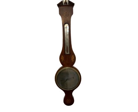 Early 19th century  - Inlaid mahogany Sheraton mercury barometer with a silvered register and spirit thermometer,  register s