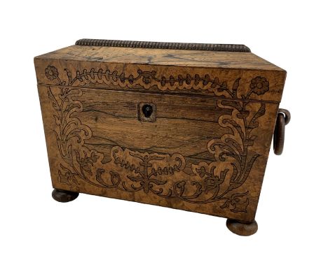Victorian rosewood inlaid two-division tea caddy, of sarcophagus form with twin ring handles, on four bun supports, L22cm 