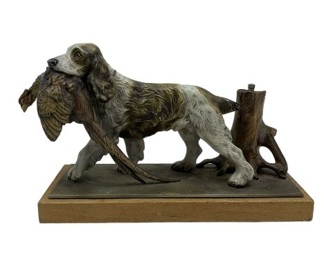 20th century Austrian cold painted spelter table lighter in the form of a spaniel retrieving a pheasant on an oak plinth L25c