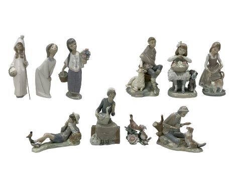 Lladro figures to include Shepherd Boy with Sheep, Shepherd Boy with Bird no. 4730, Little Girl with Cat no. 1187, Nightingal