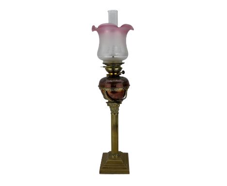 Brass oil lamp with Corinthian column, embossed reservoir and etched glass shade H78cm overall