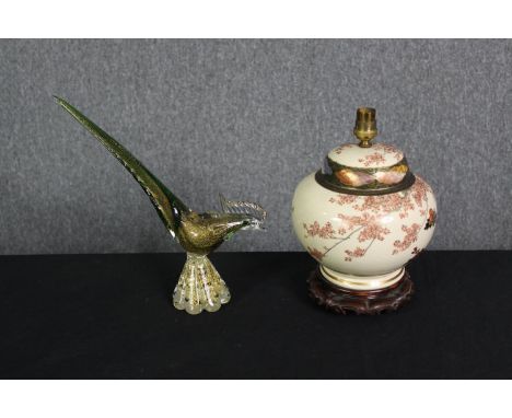 A vintage Chinese hand decorated baluster lamp on carved hardwood base along with a vintage art glass pheasant. H.30cm. (larg