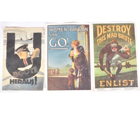 A set of three 20th century military propaganda posters. Comprising WWI First World One ' Women of Britain Say Go ' by London