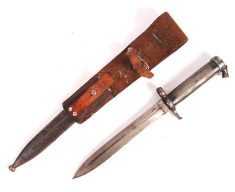 An original WWI First World War M1896 pattern Swedish Mauser bayonet having a chequered steel grip, socket hilt, crossguard w