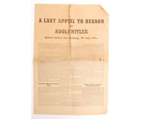 A rare WWII Second World War German propaganda air-drop newspaper / leaflet ' A Last Appeal To Reason By Adolf Hitler '. As d