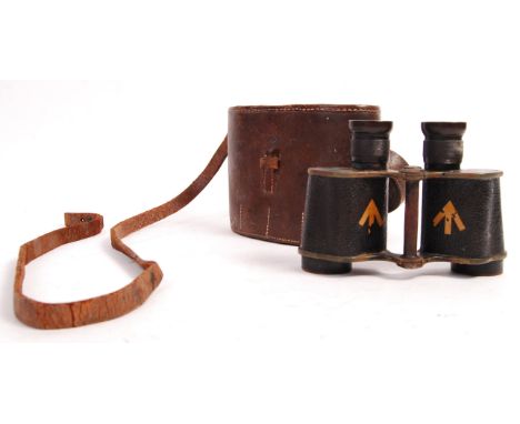 A set of WWII Second World War Ross London binoculars having a lacquered metal body faux leather grain grips with broad arrow