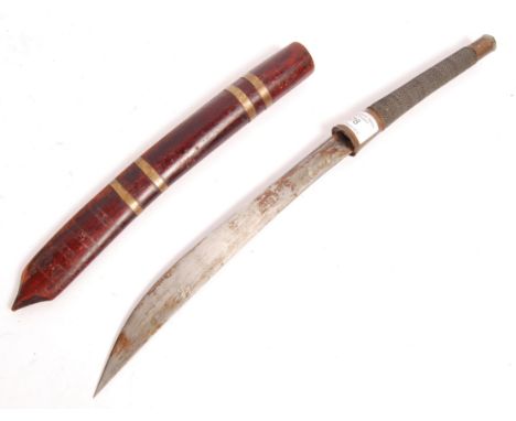 An early 20th century believed Burmese Dha dagger / knife having a copper banded and twisted wire handle grip with straight a