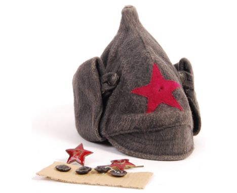A rare Soviet Russian Red Army USSR military Budenovka or&nbsp;Bogatyrka winter cap with folding button back flap section, hi