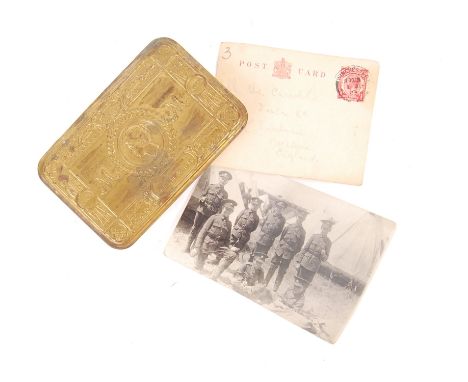 An original WWI First World War British military Princess Mary 1914 brass Christmas gift tin along with a real photographic p