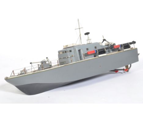 A 20th century large scale scratch built model of a WWII Second World War Torpedo gunship boat / ship. Top section removes to