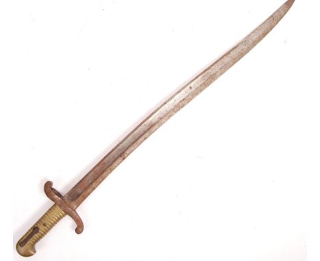An original 19th century 1842 pattern sabre rifle bayonet having a brass hilt with ribbed grip, leaf spring push stud, steel 