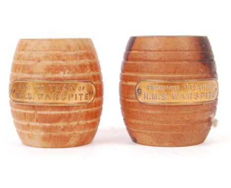 A rare pair WWI First World War teak made barrel match strike. Small plaques to the body of each barrel reads ' From The Teak
