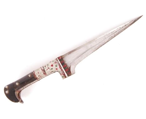 An early 20th century Indo Persian Peshkabz dagger&nbsp; having a single edged 'T' section blade with a wooden and white meta