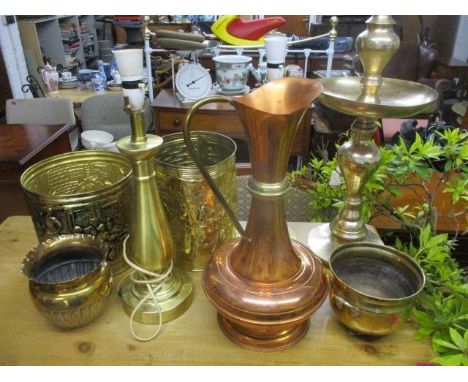 Metalware to include a pair of table lamps, a candlestick, a ewer and planters 