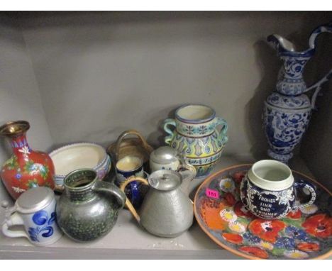 Mixed modern ceramics/pottery to include a hand painted plate, German steins, jugs and a Poole bowl 