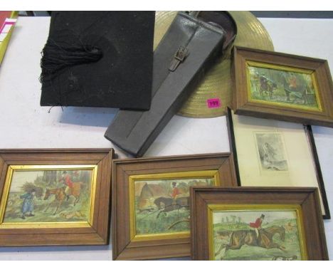 A cased Hawkes & Sons London Clarinet, a symbol, a Christy mortar board hat and a group of hunting prints 