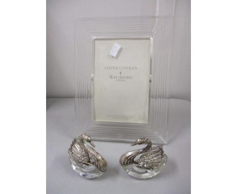 Two Continental silver and glass dishes fashioned as swans, a Dutch caddy spoon, and a Waterford Jasper Conran glass photogra