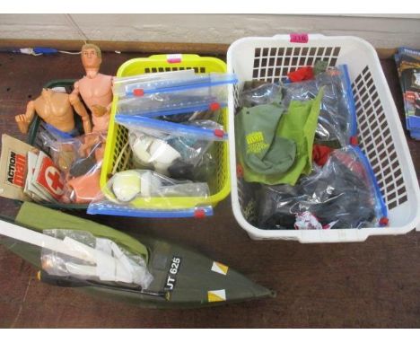 1960s and later Action Man items to include the component part of three dolls, hats, boots, clothes, guns, a canoe and access