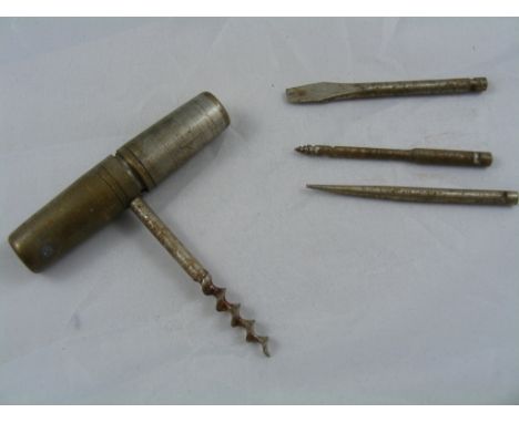 A small compact folding pocket Corkscrew Tool comprising four various tools within a cylindrical handle/holder, length approx