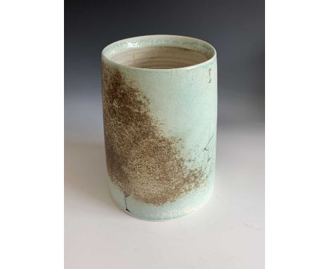 A Jack Doherty porcelain vase of tapering form with mottled celadon glaze and scraffito decoration, height 22.5cm, impressed 