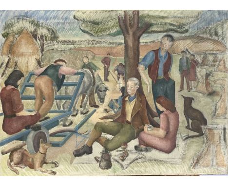 Margaret WARDMAN (1922- 2020)Harvest GroupTo verso 'Harbour'Oil on canvas56 x 76cm Margaret Wardman (née Shuttleworth)Margret