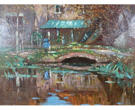  Robert Langley HUTTON(1883-1919)A Garden BridgeOil on boardSigned26 x 35cm