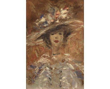 Sir James BOWKER ?Portrait of a fashionable lady (possibly lady Elsa Bowker)Oil on boardBourlet label to verso30 x 20cm