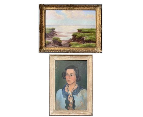 Coastal LandscapeOil on boardIndistinctly signed and dated 194540 x 55cmTogether with a portrait of a lady Oil on boardIndist