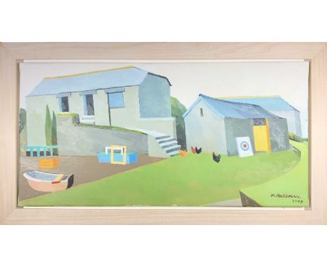 Margaret WARDMAN (1922- 2020)'Farmstead, Higher Bussow, Towednack'Oil on canvasSigned and dated 2009Inscribed to verso30 x 60