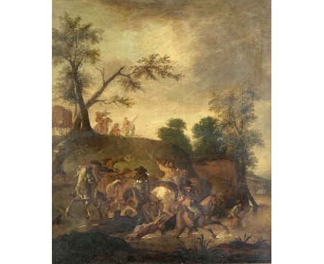 Jan VAN HUCHTENBURGH (Attrib.) (1647-1733)Cavalry SkirmishOil on oak panel39.5 x 34cm