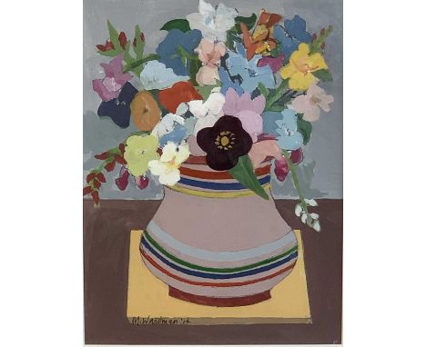 Margaret WARDMAN (1922- 2020)Flowers in a Stripy JugGouache and pencil on paperSigned29 x 21.5cm Margaret Wardman (née Shuttl