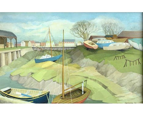 Margaret WARDMAN (1922- 2020)'Boatyard, Highbridge, Somerset'Acrylic and oil on canvasSigned and dated '84Signature and label