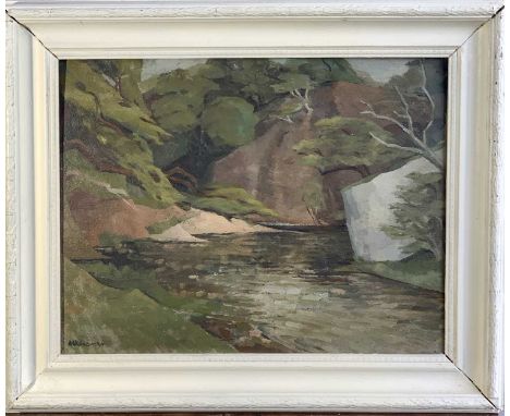 Margaret WARDMAN (1922- 2020)River Wharf, Bolton Abbey, Yorkshire'To verso 'Statue in Park'Oil on board34 x 44cmMargaret Ward