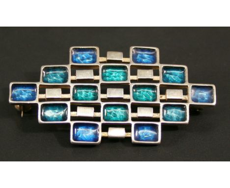 A DAVID ANDERSON 925S AND ENAMEL BROOCH of open geometric form with blue and green enamelling, marked '925s sterling UNI D-A'