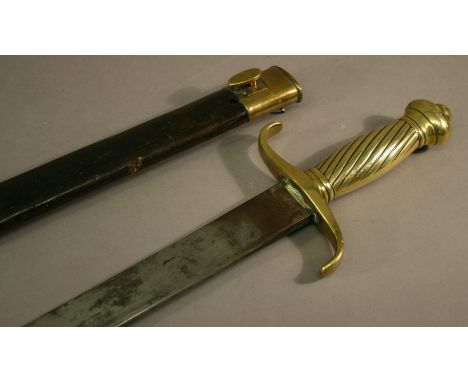 A MID 19TH CENTURY GERMAN PIONEER SWORD having heavy brass handle, curved crossguard with markings "FW 57" leading to the 38c