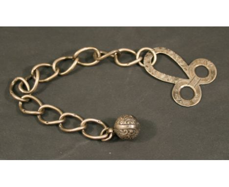A 19TH CENTURY SILVER CLOAK CLASP having a shaped terminal and large linked chain with ball pendant, marked with lion passant