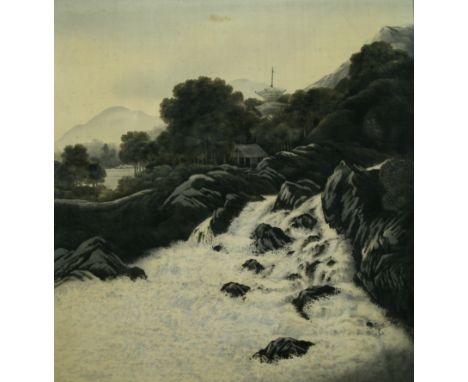 A LARGE JAPANESE SCENE MONOCHROME SILK SCREEN PRINT depicting a rural pagoda beside a fast moving river, in a gilt slip and m