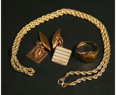 A SMALL GROUP OF 9CT GOLD JEWELLERY, a fine rope-twist chain, a signet ring (J-K) and a pair of rose gold cuff-links. (3) 8gr