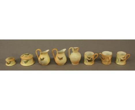 A GROUP OF ROYAL WORCESTER MINIATURE BLUSH IVORY WARES comprising a tyg, two tankards, three jugs (one Locke & Co) and two li