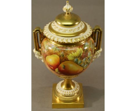 A ROYAL WORCESTER HAND-DECORATED LIDDED VASE having a domed finial topped cover, petal moulded rim and globular body with mas