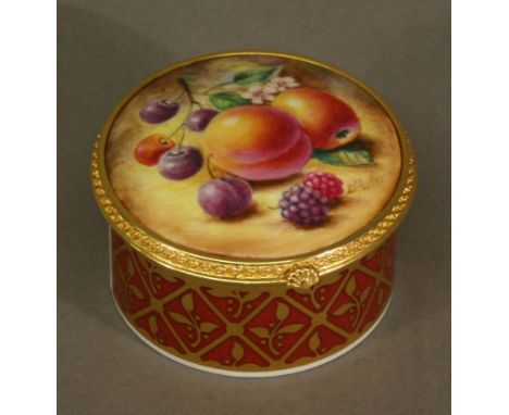 A ROYAL WORCESTER HAND-PAINTED TRINKET BOX of hinged circular form, the domed top painted with fruit and signed D Fuller, the