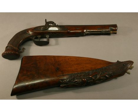 A BELGIAN PERCUSSION PISTOL BY M BERLEUR having a walnut frame and white metal mountings bearing a dog and bird, the octagona