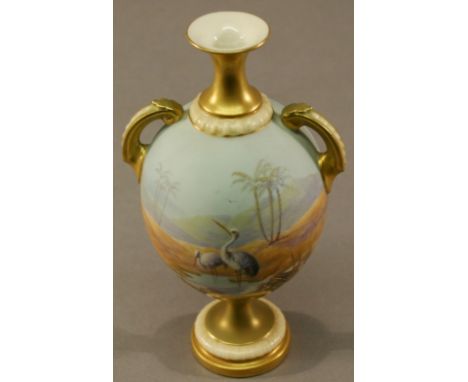 A ROYAL WORCESTER HAND-DECORATED VASE of ovoid form with flared rim, scrolled handles and circular foot, the body nicely pain