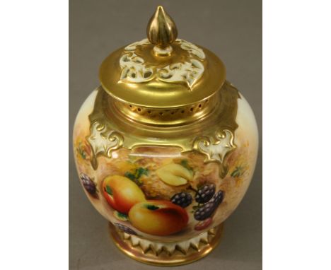 A ROYAL WORCESTER POT POURRI VASE AND COVER of lobed globular form with finial topped cover, painted with fruit against a mos