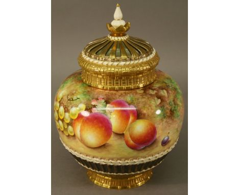 A ROYAL WORCESTER HAND-DECORATED POT POURRI VASE AND COVER having a finial topped lattice cover, inner lid and globular body,