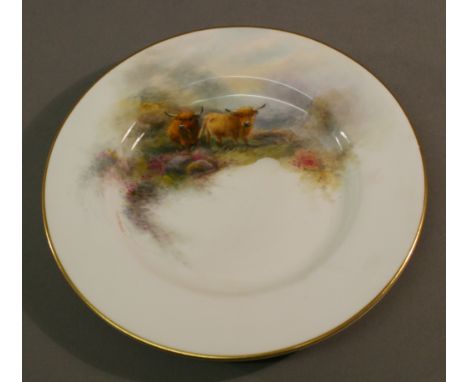 A ROYAL WORCESTER HAND-PAINTED SAUCER painted with Highland cattle against a white ground, signed Stinton, date code for 1923