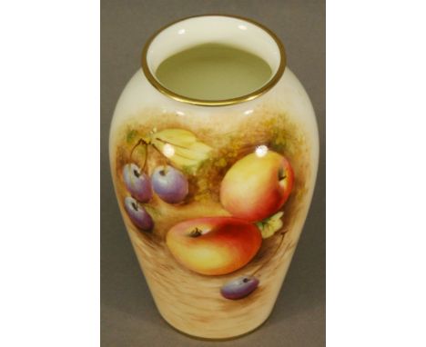 A ROYAL WORCESTER HAND-PAINTED VASE of baluster form, decorated with fruit on a mossy setting, signed Roberts, date code for 