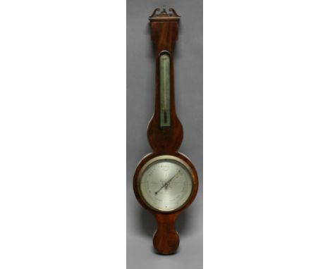 A 19TH CENTURY MAHOGANY BANJO BAROMETER by A Pagani, Nottingham, of typical form with broken swan-neck pediment, alcohol ther