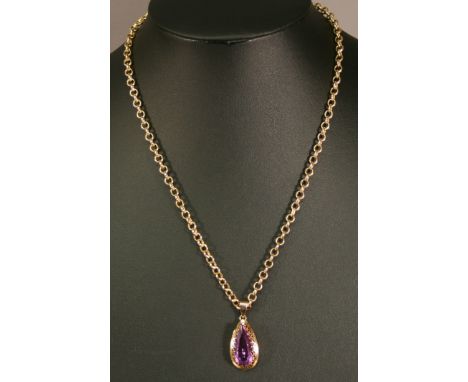 A 14CT GOLD AND AMETHYST PENDANT WITH 9CT GOLD CHAIN marked 585 and 375. 3.5cm & 48cm(L), 10grams(total) CONDITION: Generally