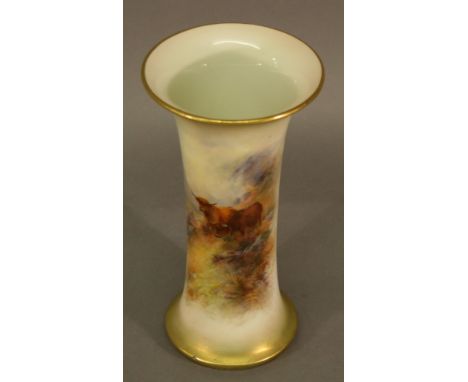 A ROYAL WORCESTER FLARED CYLINDRICAL VASE hand painted with highland cattle, signed H Stinton, date code for 1912. 19.5cm(h) 